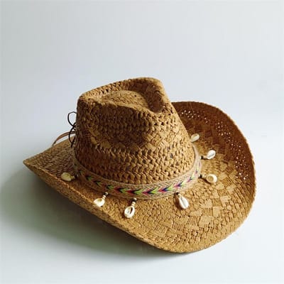 Chapeau de Soleil d'Été Tressé à la Main en Paille pour Femmes Décoration Coquillage Chapeau de Soleil de Plage de Vacances Chapeau Panama Féminin 55-58CM brown