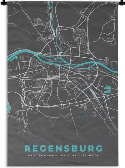 Wandkleed - Wanddoek - Kaart – Plattegrond – Stadskaart – Regensburg – Duitsland – Blauw - 120x180 cm - Wandtapijt