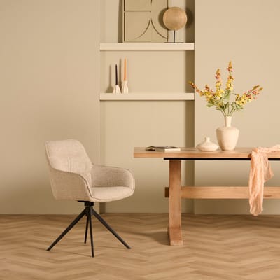 Eetkamerstoel Look - Bouclé Beige - Draaibaar met ARS & Zwarte Spinpoot