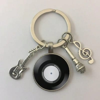 Porte-clés Disque Vinyle Musique Rétro, Porte-clés Phonographe Style Classique Dôme Verre, Cadeau pour Couple, Breloque Note de Musique & Guitare Style 7