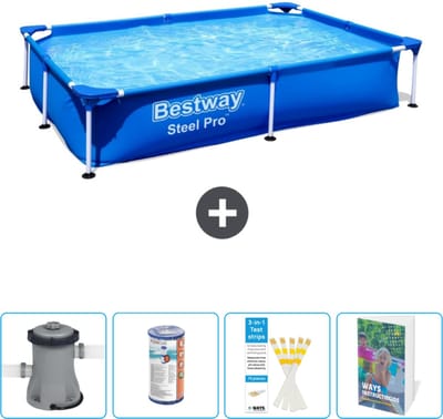 Bestway Rechthoekig Steel Pro Zwembad - 221 x 150 x 43 cm - Blauw - Inclusief Pomp - Filter - Testrips - Zwembadgids