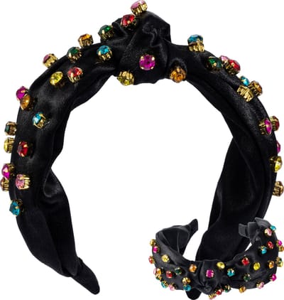 Nouka Zwarte Dames Diadeem – Met Multicolor Steentjes – Satijnen Gevoel – Brede, Dikke, Puffy met Twist - Vrouwen Haarband - Cadeau voor Vrouwen