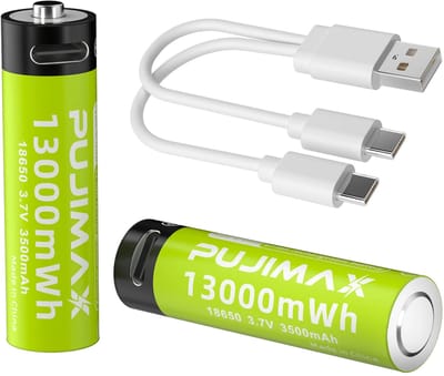 PUJIMAX 18650 Oplaadbare Li-Ion Batterij 13000mWh/3500mAh met 2in1 USB Type-C Kabel (2stuks)