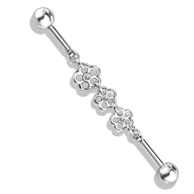 Industrial piercing PVD ketting met 3 bloemen - zilver - LMPiercings