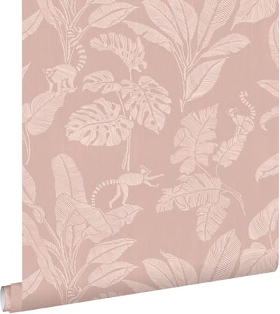 ESTAhome behang apen en jungle bladeren oudroze - 50 x 900 cm - 139860