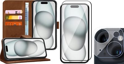 Hoesje geschikt voor iPhone 15 - Screenprotector FullGuard & Camera Lens Screen Protector - Book Case Kunstleer Pasjeshouder Bruin