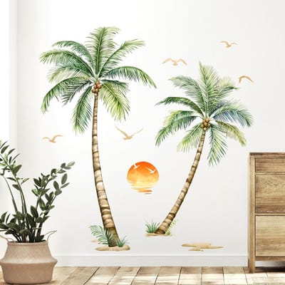 Famanu – Muursticker - 123 x 128 cm - vinyl - groot - met palmbomen - zonsondergang en vogels - tropisch motief - voor woonkamer - slaapkamer of badkamer
