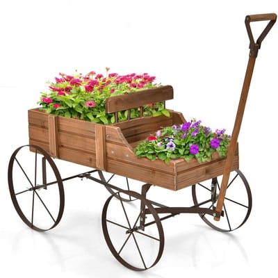 COSTWAY Bloemenstandaard, houten wagen, plantenwagen, bloemenwagen met metalen wielen, bloembak, plantenstandaard voor tuin en terras, 35 x 63 x 62,5 cm (bruin)