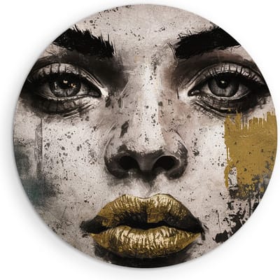 Saammp Muurcirkel Hout - Vrouw met goud en blauw - abstract - Ø 90 - Wandcirkel - Wanddecoratie Cirkel - Muurdecoratie Woonkamer - Slaapkamer decoratie - Rond Schilderij