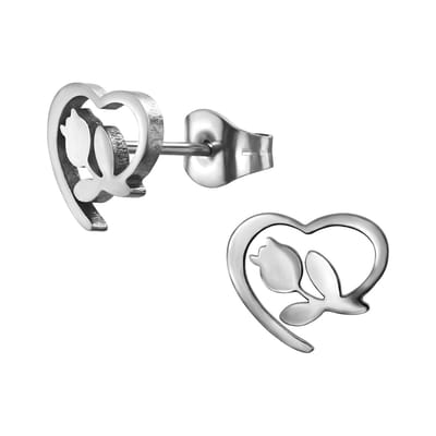 Zilver kleurige stainless steel open hart met tulp dames oorbellen | chirurgisch staal | hypoallergeen | Zilverana | RVS