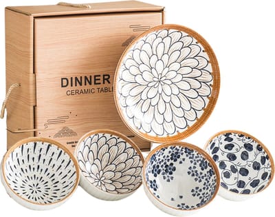 Aziatisch servies set met 4 kommen en 1 bord - Voor sushi, rijst, sausjes - Wit/blauw keramiek