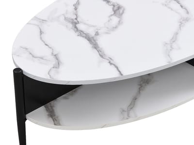 Vente-unique Ovale salontafel met 4 nissen van mdf en metaal - Wit marmereffect en zwart - EVARO