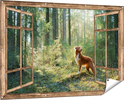 Gards Tuinposter Doorkijk Retriever Hond in het Bos met Zon - 150x100 cm - Tuindoek - Tuindecoratie - Wanddecoratie buiten - Tuinschilderij