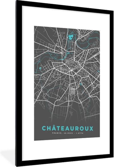 Fotolijst incl. Poster - Châteauroux - Plattegrond - Stadskaart - Frankrijk - Kaart - 60x90 cm - Posterlijst