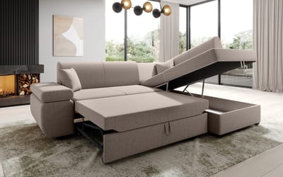 Hoekbank Felix- beige - lounge Rechts- met bed en opbergruimte- Hoeksalon met bed Rechts- zetelsenbedden