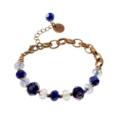 16 - 20cm Armband Dames - Verguld RVS - Ovale Schakelarmband met Diepblauwe Kristallen - Murano-Glaskralen - Verstelbaar
