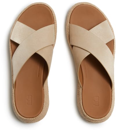 FitFlop F-Mode Espadrille Shimmersuede Cross Slides Dames Slippers - Metallic Beige
