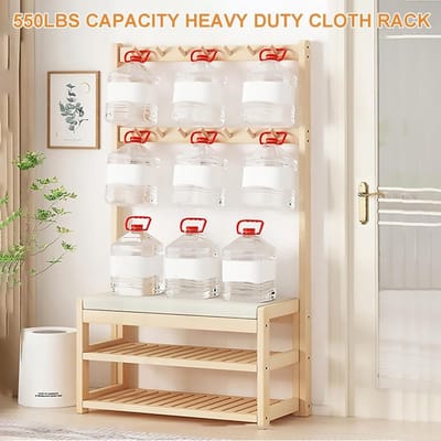 Garderobebank met Schoenenrek 60 cm – 3-in-1 Halbank met Kapstok, 10 Haken en 2 Opbergplanken – Massief Houten Entree Organizer voor Hal, Slaapkamer en Kantoor – Marrone – Nicolehome