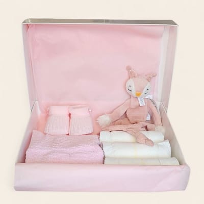 Kraamcadeau bruin met Happy Horse Autumn time talia Knuffeldoekje, spuugdoekje slofjes en pampers