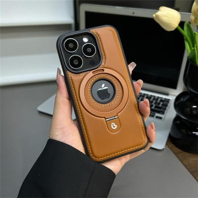 Luxe magnetische standaard ring PU lederen telefoonhoesje voor iPhone 16 15 14 13 12 Pro Max Magsafe draadloos opladen holle logohoes For iPhone 15 brown
