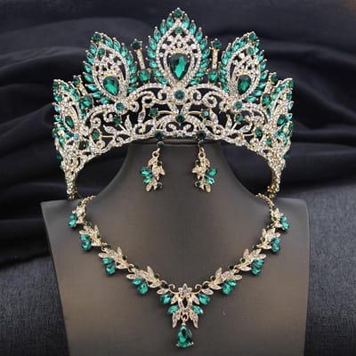 Luxe Groene Kroon Bruidssieradensets voor Vrouwen Tiara's en Ketting Oorbellen Bruidssieradenset Bruiloft Kostuumaccessoires gray