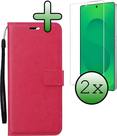 Hoesje Met 2x Screenprotector - Geschikt voor Samsung Galaxy S25 Ultra - Luxe Pasjeshouder - Bookcase Portemonee - Flip Case - Kunstleer Book Case - Flipcase Hoes - Book Cover - Walletcase - Portemonneehoes - Donkerroze