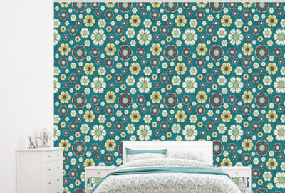 Behang - Fotobehang Retro - Bloemen - Patronen - Blauw - Breedte 300 cm x hoogte 240 cm