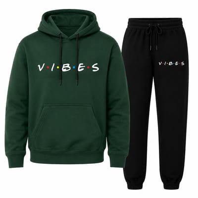 Trainingspak Heren - Joggingpak met Hoodie en Sportbroek - Katoen - Vibes print - Groen - XS