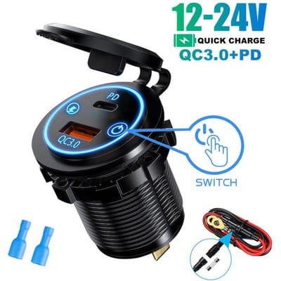 IP65 Waterdichte 12-24V Auto Oplader Socket, PD QC3.0 Dubbele USB Type C Snelladen Stopcontact met AAN/UIT Schakelaar voor Motorfiets, Vrachtwagen, Camper, ATV, Boot PD30W+QC3.0 with Wire blauw