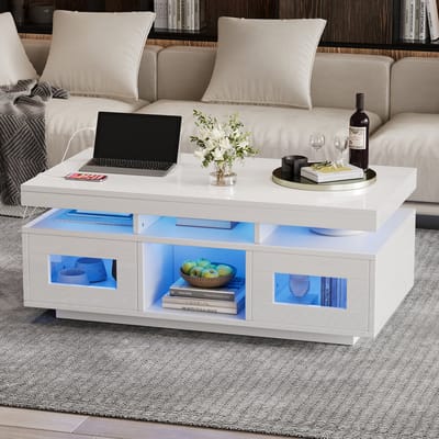 Witte salontafel van 100x50x43 cm - met LED-licht - opberglade - met oplaadpoort en stopcontact