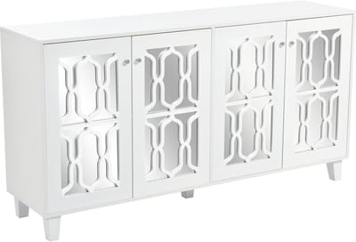 Wit dressoir met spiegelende deuren, voorzien van stijlvolle kristallen handgrepen en vier deuren met verplaatsbaar laminaat. Geschikt voor woon- en eetkamer, 160 x 40 x 84 cm.