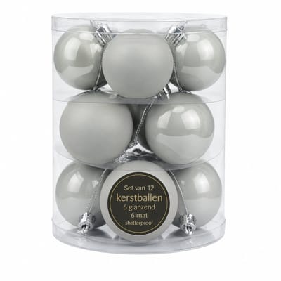 Set van 12 Lichtgrijze Kerstballen – Glans & Mat – Kunststof Shatterproof – Ø 6,5 cm – Kerstboomdecoratie