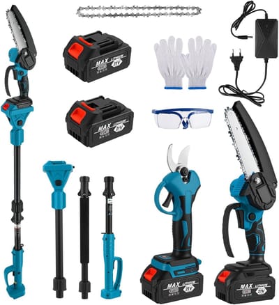 HEZIVO® Takkenschaar Telescopisch - 4-in-1 Snoeiset - Mini Kettingzaag - Takkenzaag - Accu Snoeischaar - Uitschuifbaar - Met 2 Accu's