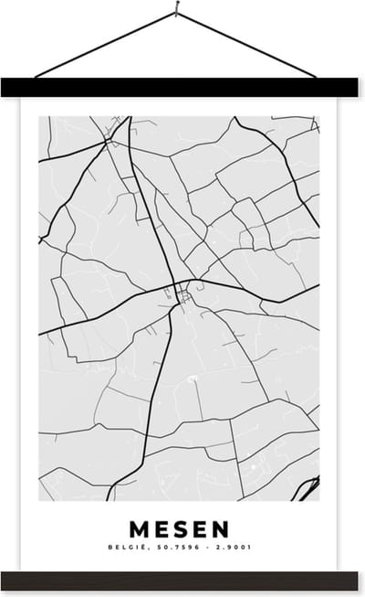 Posterhanger incl. Poster 40x60 cm - Schoolplaat - België – Mesen – Stadskaart – Kaart – Zwart Wit – Plattegrond - Textielposter - Zwarte latten - Stadskaart