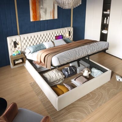 VVBV Slaapkamerset 160x200 cm - USB-C, Hydraulische Opbergruimte, Lattenbodem, Leeslamp, 2 Nachtkastjes, Zonder Matras, Beige