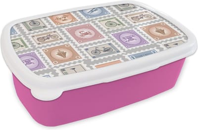 Broodtrommel Roze - Lunchbox - Brooddoos - Fiets - Postzegel - Patroon - 18x12x6 cm - Kinderen - Meisje
