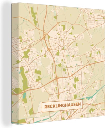 Canvas Schilderij Plattegrond - Recklinghausen - Vintage - Kaart - Stadskaart - 20x20 cm - Wanddecoratie