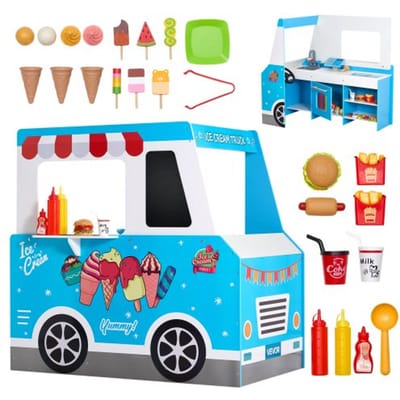 VEVOR ijscowagen voor kinderen, meer dan 20 accessoires, houten ijssalon met stuurwiel en krijtbord, betaalscanner en vriezer, kraan en wasbak, geschikt voor kinderen van 3-7 jaar, blauw