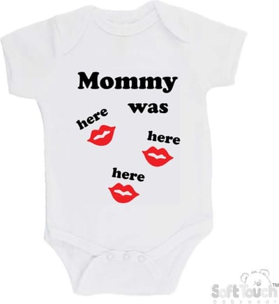 100% katoenen Romper "Mommy was here here here" Unisex Katoen Wit/zwart/rood Maat 62/68