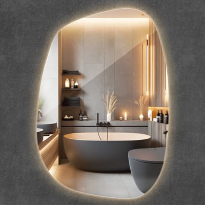 Wallfluent LED Spiegel - Toiletspiegel - 49 cm x 34 cm - Warm Wit 3000K - Wandspiegel Industrieel - Spiegel Asymmetrisch - Wandspiegel - LED Badkamerspiegel - Verlichte Spiegel