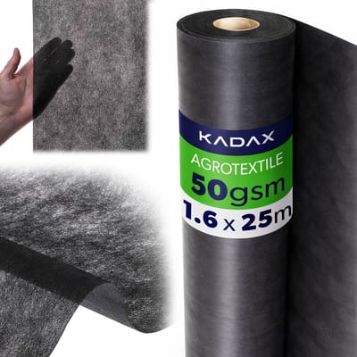 KADAX Onkruidbestrijdingsdoek 1,6 x 25 m, 50 g/m², Zwart, Tuinvlies van polypropyleen, Waterdoorlatend mulchvlies tegen onkruid, Onkruidbestrijdingsfolie voor tuinen, Plantfolie
