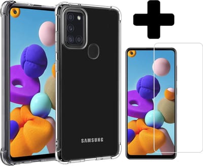 Hoesje - Met Screenprotector - Geschikt voor Samsung Galaxy A21s - Sterk & Shockproof - Back Cover - Siliconen Case - Telefoon Hoes - Shock Proof - Telefoonhoes - Transparant
