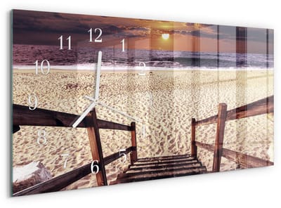 Tulup Wandklok - Trap naar het strand Wandklok Glas Decoratie - 60x30 cm - Beige Gekleurde Glazen Klok - Witte Handen - Rechthoekige Wandklok - Decoratieve Glazen Klok - Glazen Wandklok Design
