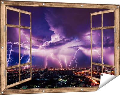 Gards Tuinposter Doorkijk Blikseminslag op een Stad in het Paars - 120x80 cm - Tuindoek - Tuindecoratie - Wanddecoratie buiten - Tuinschilderij