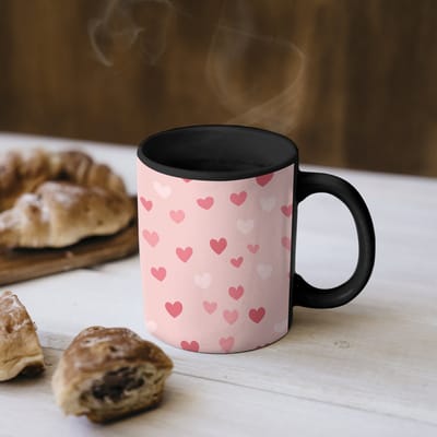 Magische Mok - Foto op Warmte Mokken - Koffiemok - Hartjes - Patroon - Roze - Eenvoudig - Magic Mok - Beker - 350 ML - Theemok