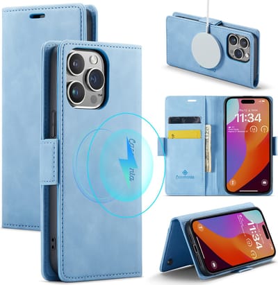 Casemania Hoesje Geschikt voor Apple iPhone 15 Pro Sky Blue - Portemonnee Book Case - Geschikt voor MagSafe