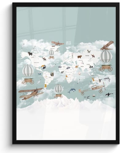Poster in lijst - Fotolijst 60x80 cm - Posters - Wereldkaart - Kind - Vliegtuig - Posterlijst zwart - Decoratie - Wanddecoratie woonkamer - Muurdecoratie slaapkamer