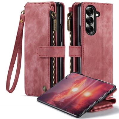 Geschikt voor Samsung Galaxy Z Fold 7 Hoesje - Wallet Case met Pasjeshouder - Kickstand - Polskoord -Draadloos Opladen - Rood