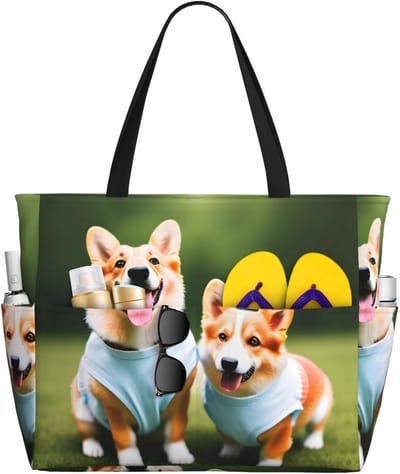 Strandtas Grote Capaciteit - Draagtas Vrouwen - Dagje Strand - Met Ritsvak - 45 x 38 cm - Met Hondenprint