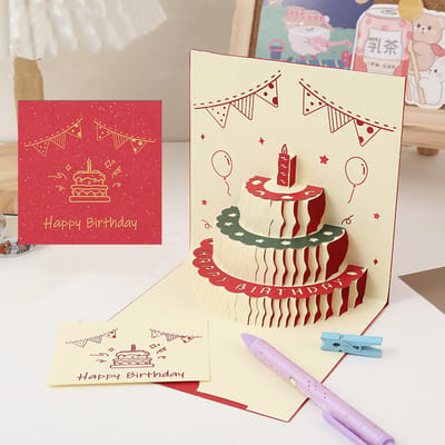 3D Pop-up Verjaardagskaart met Taartontwerp- Feestelijke Decoraties en Opnamefunctie-14.4x14.4cm